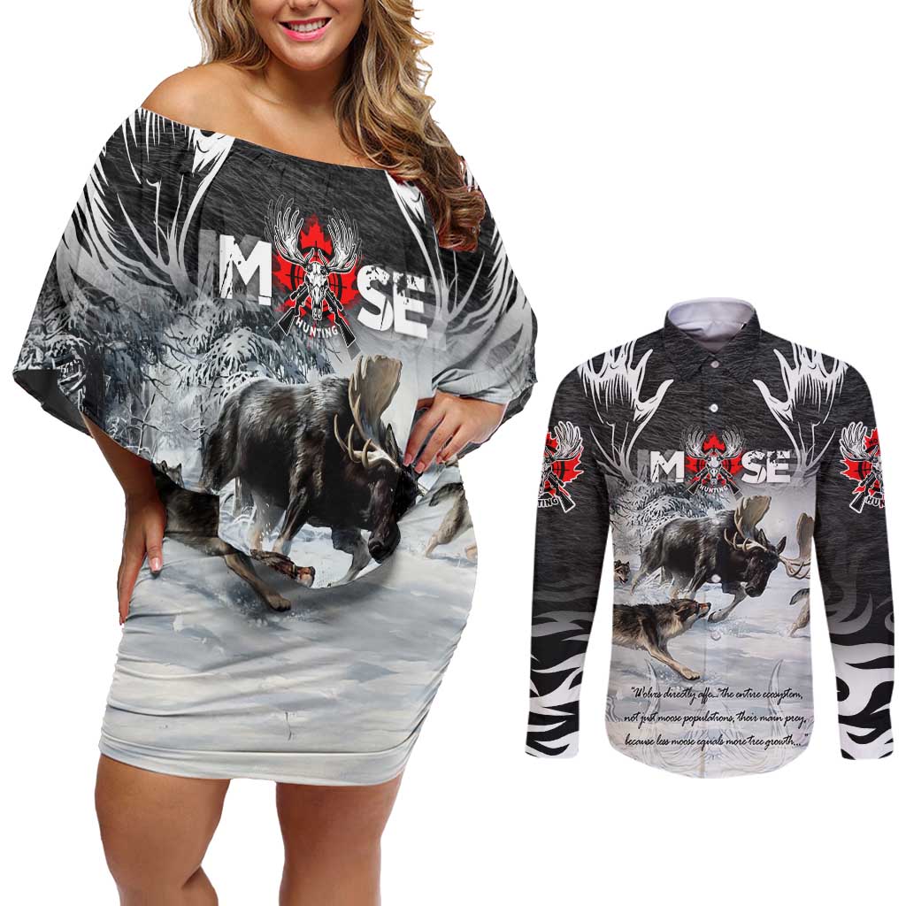 The Wolves Hunting Moose Couples Matching Off Shoulder Short Dress and Long Sleeve Button Shirt