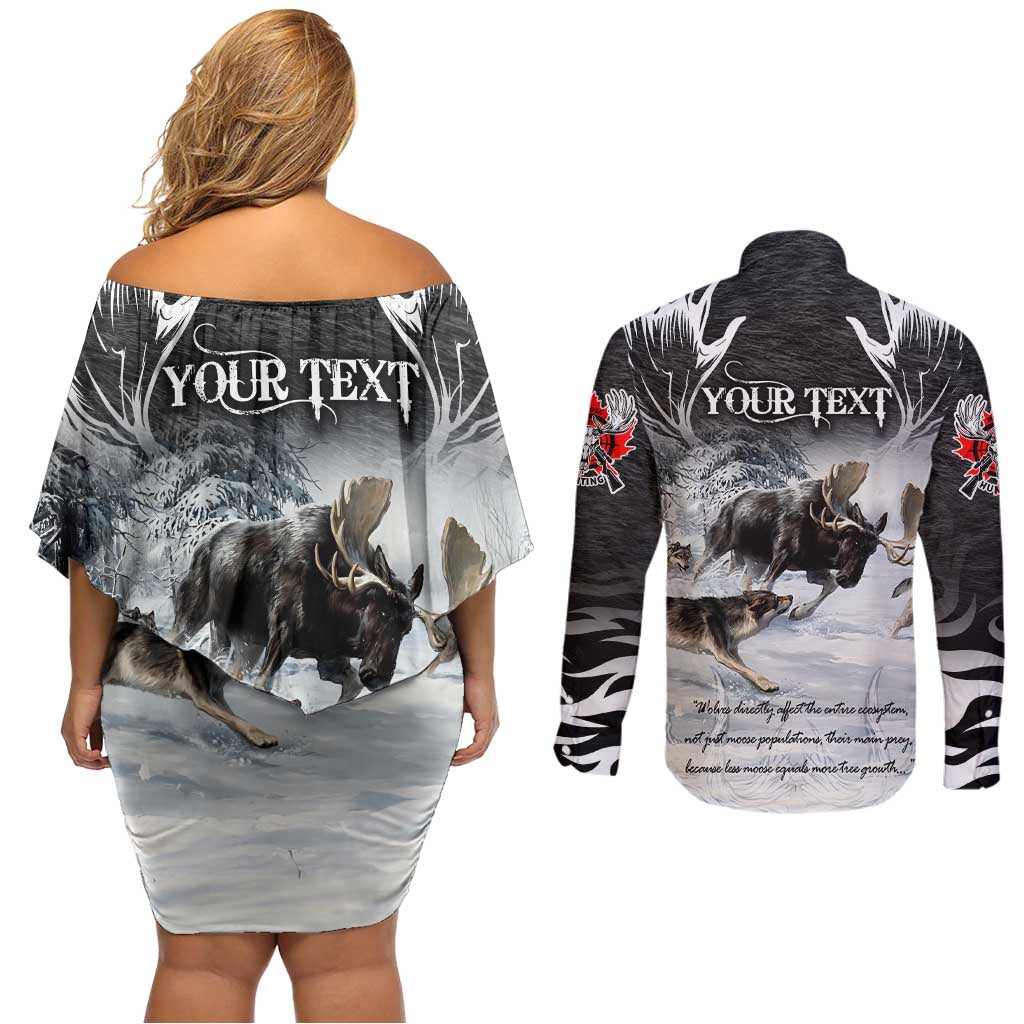 The Wolves Hunting Moose Couples Matching Off Shoulder Short Dress and Long Sleeve Button Shirt