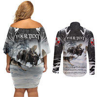 The Wolves Hunting Moose Couples Matching Off Shoulder Short Dress and Long Sleeve Button Shirt