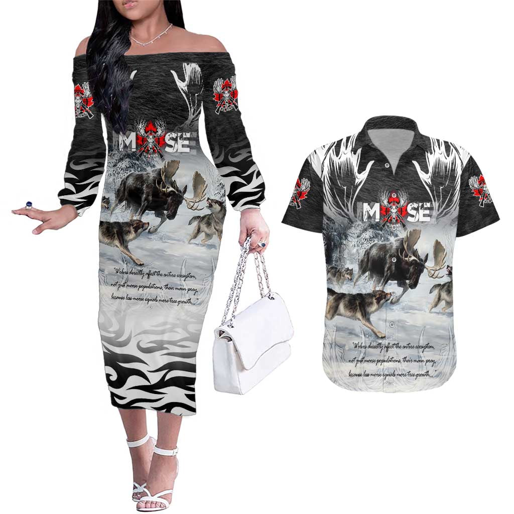 The Wolves Hunting Moose Couples Matching Off The Shoulder Long Sleeve Dress and Hawaiian Shirt