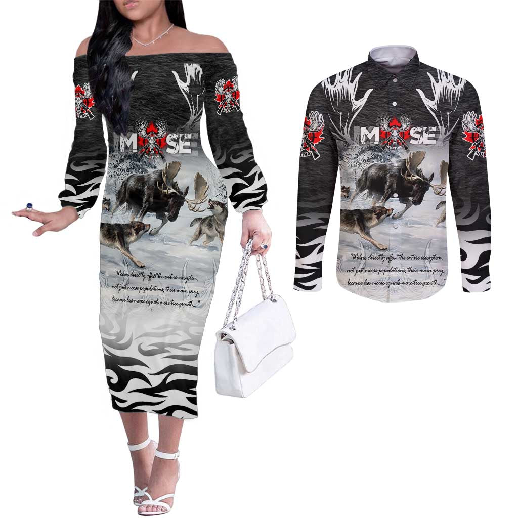 The Wolves Hunting Moose Couples Matching Off The Shoulder Long Sleeve Dress and Long Sleeve Button Shirt