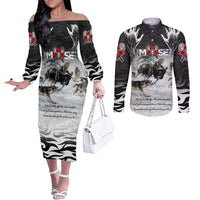 The Wolves Hunting Moose Couples Matching Off The Shoulder Long Sleeve Dress and Long Sleeve Button Shirt