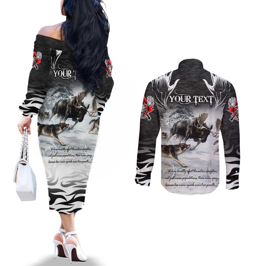 The Wolves Hunting Moose Couples Matching Off The Shoulder Long Sleeve Dress and Long Sleeve Button Shirt