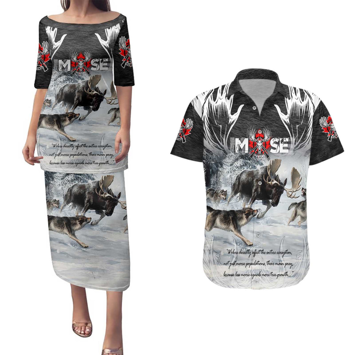 The Wolves Hunting Moose Couples Matching Puletasi and Hawaiian Shirt