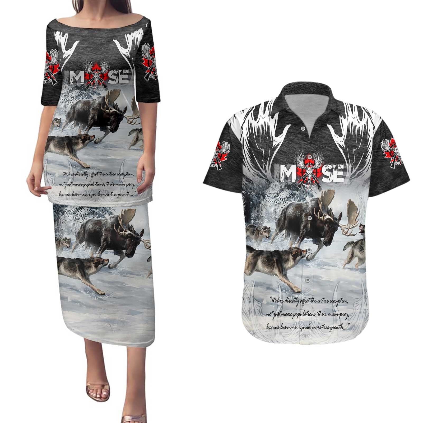 The Wolves Hunting Moose Couples Matching Puletasi and Hawaiian Shirt