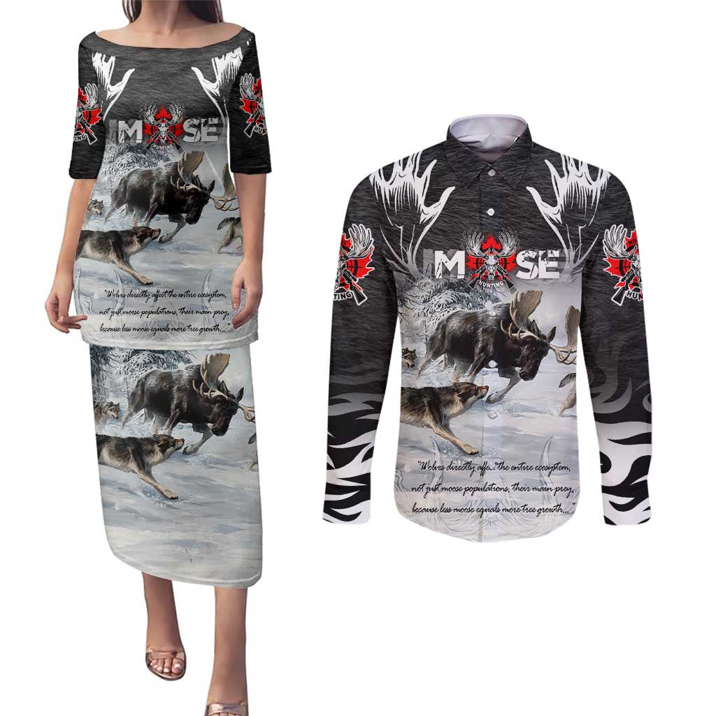 The Wolves Hunting Moose Couples Matching Puletasi and Long Sleeve Button Shirt