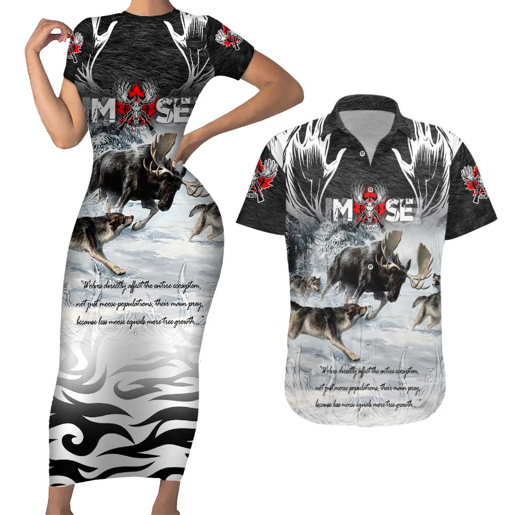 The Wolves Hunting Moose Couples Matching Short Sleeve Bodycon Dress and Hawaiian Shirt