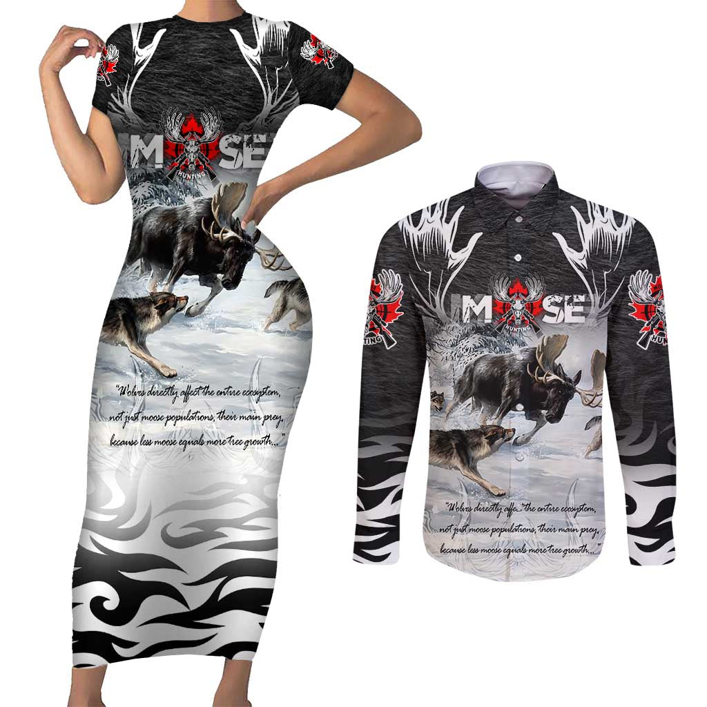 The Wolves Hunting Moose Couples Matching Short Sleeve Bodycon Dress and Long Sleeve Button Shirt