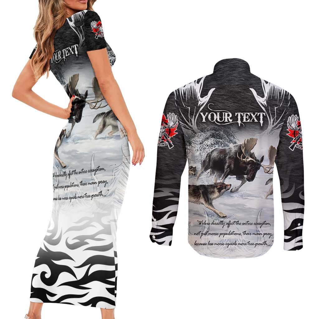 The Wolves Hunting Moose Couples Matching Short Sleeve Bodycon Dress and Long Sleeve Button Shirt
