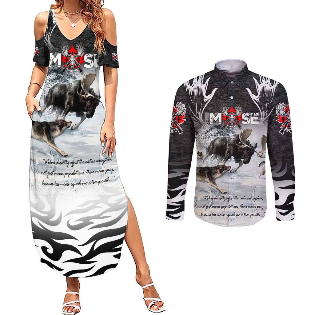 The Wolves Hunting Moose Couples Matching Summer Maxi Dress and Long Sleeve Button Shirt