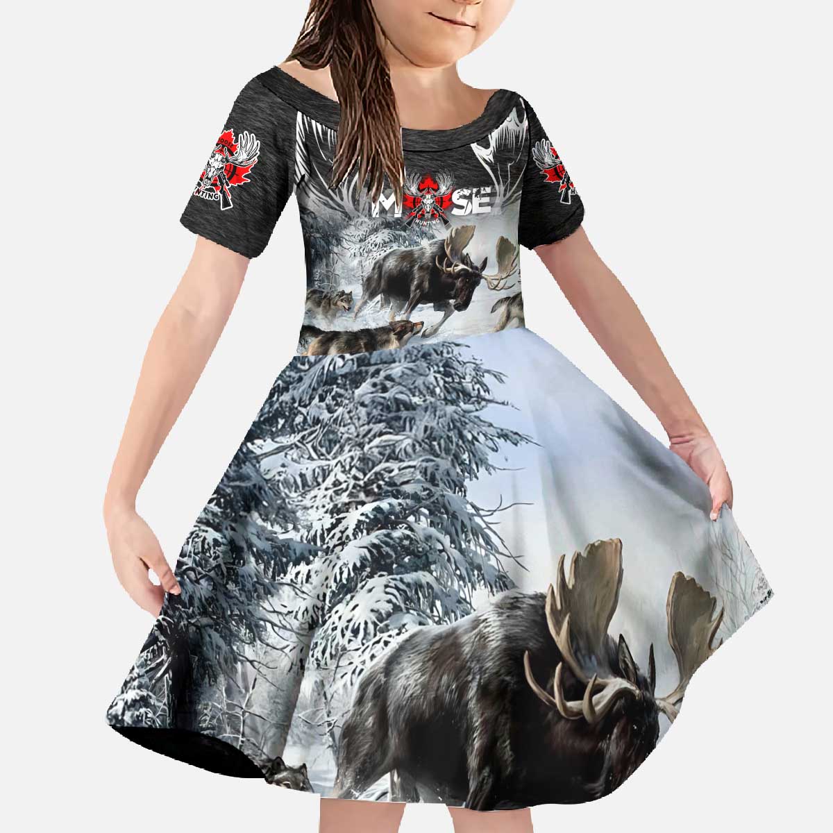The Wolves Hunting Moose Family Matching Off The Shoulder Long Sleeve Dress and Hawaiian Shirt