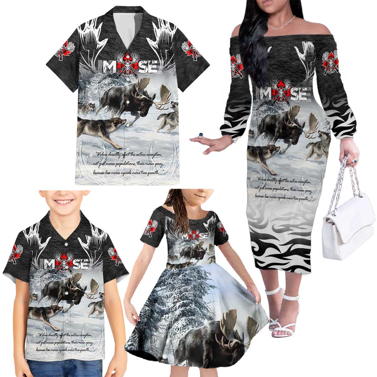 The Wolves Hunting Moose Family Matching Off The Shoulder Long Sleeve Dress and Hawaiian Shirt