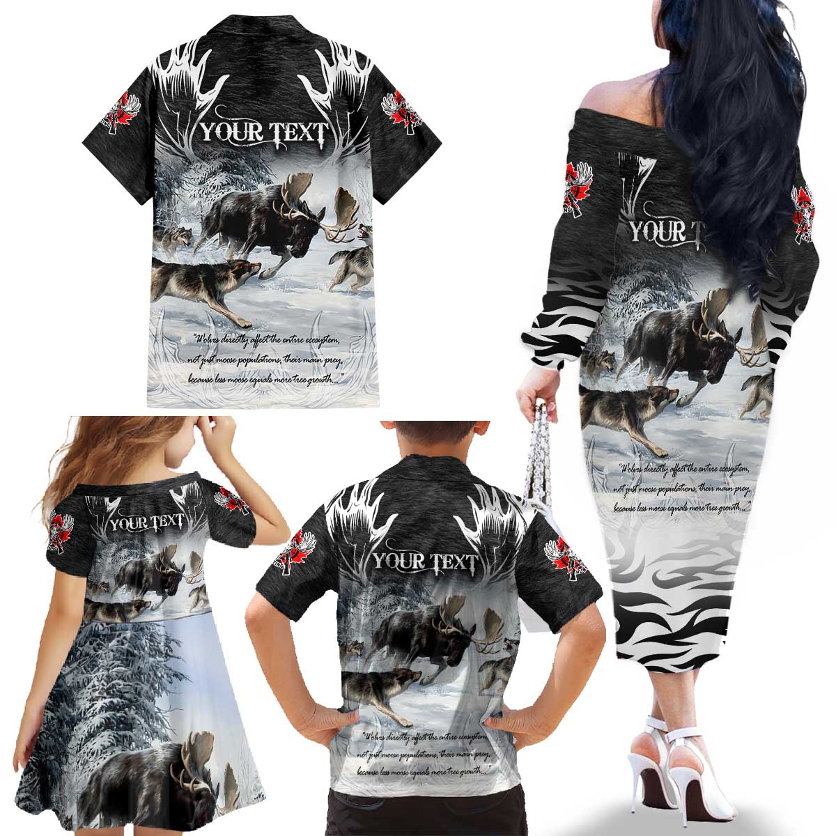 The Wolves Hunting Moose Family Matching Off The Shoulder Long Sleeve Dress and Hawaiian Shirt
