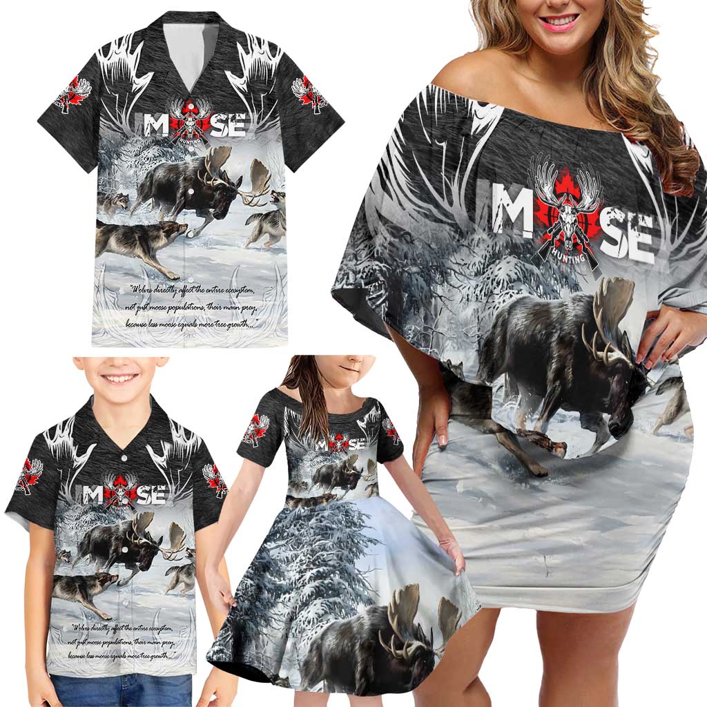 The Wolves Hunting Moose Family Matching Off Shoulder Short Dress and Hawaiian Shirt