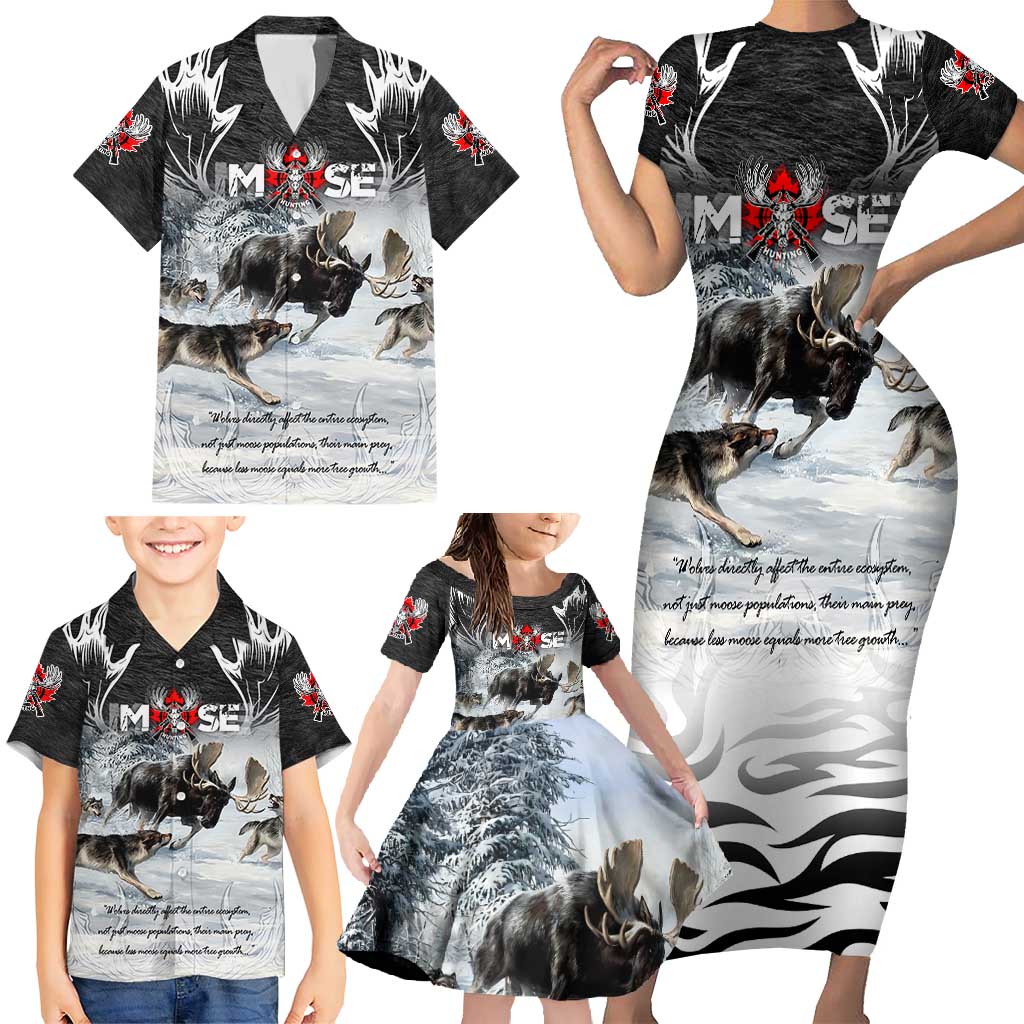 The Wolves Hunting Moose Family Matching Short Sleeve Bodycon Dress and Hawaiian Shirt