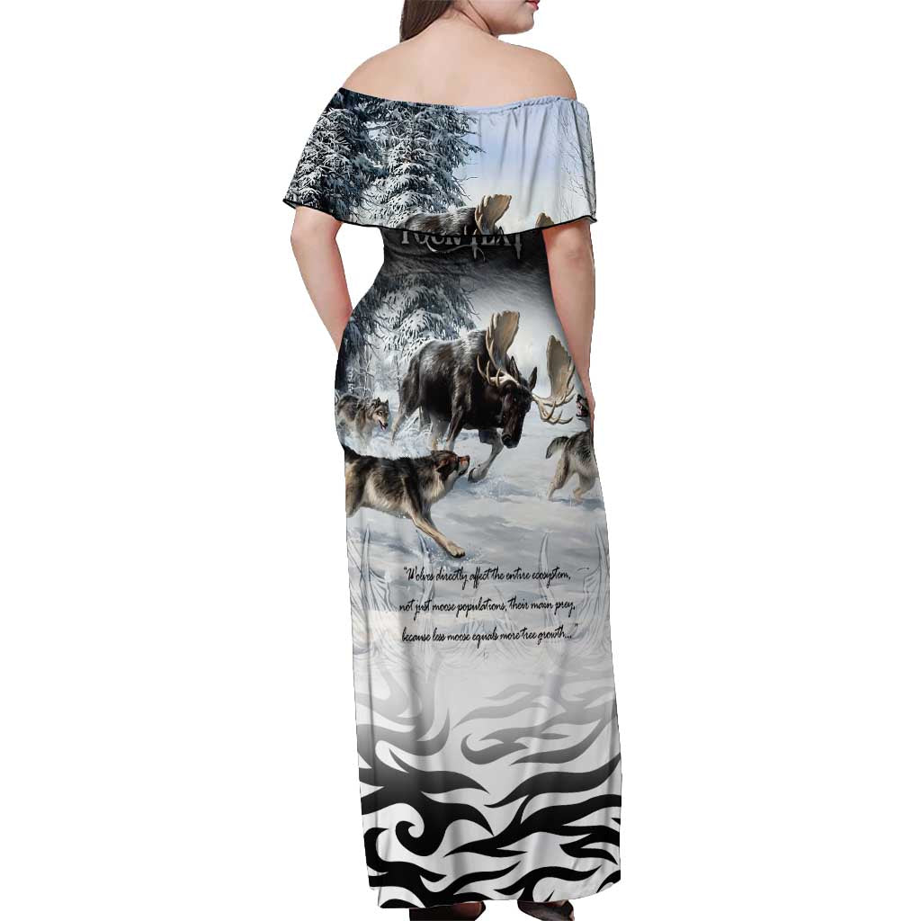The Wolves Hunting Moose Off Shoulder Maxi Dress