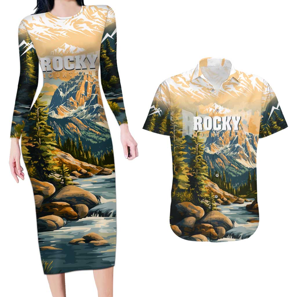 The Beauty of Rocky Mountains Couples Matching Long Sleeve Bodycon Dress and Hawaiian Shirt
