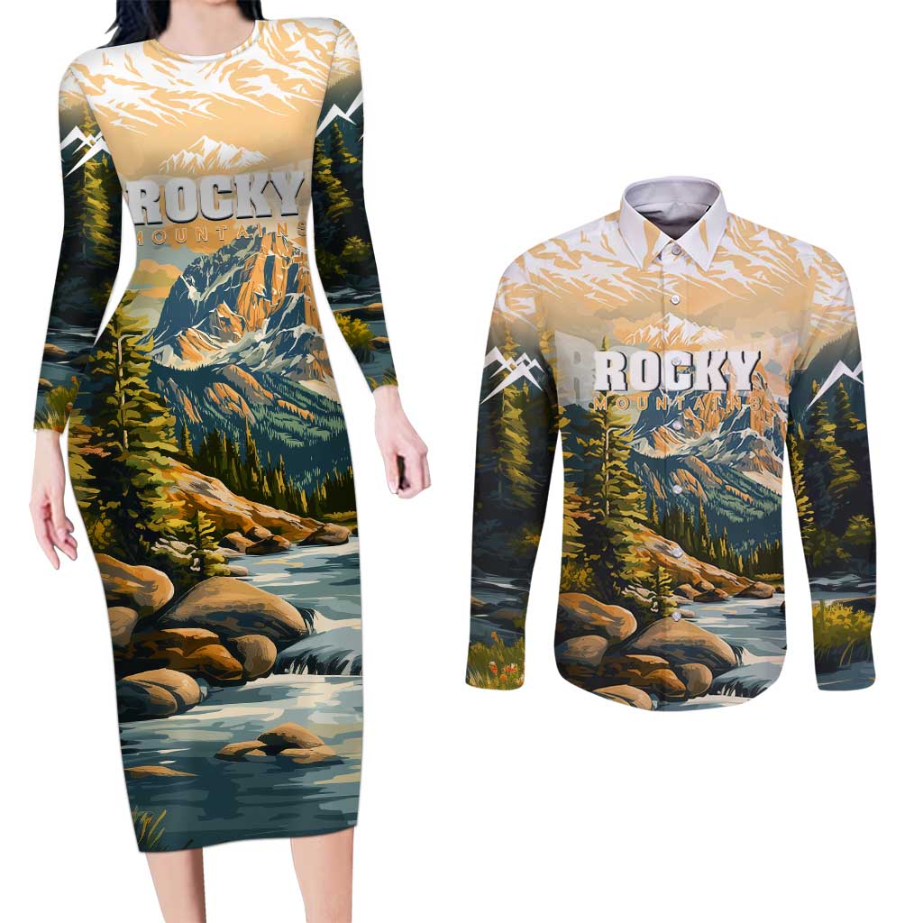 The Beauty of Rocky Mountains Couples Matching Long Sleeve Bodycon Dress and Long Sleeve Button Shirt