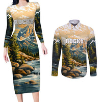 The Beauty of Rocky Mountains Couples Matching Long Sleeve Bodycon Dress and Long Sleeve Button Shirt