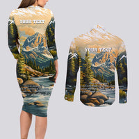 The Beauty of Rocky Mountains Couples Matching Long Sleeve Bodycon Dress and Long Sleeve Button Shirt