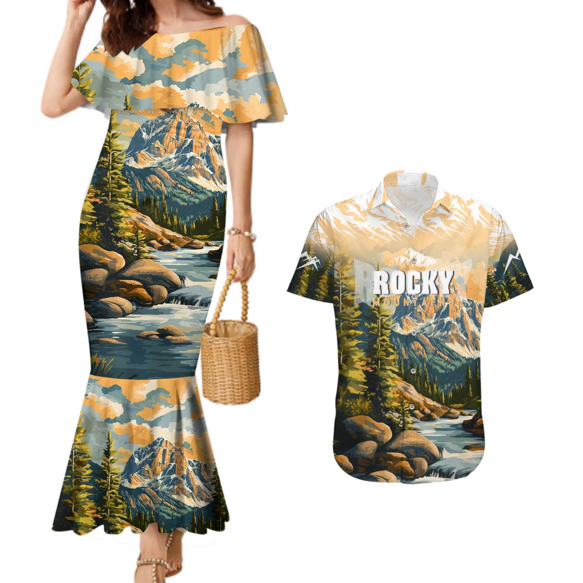 The Beauty of Rocky Mountains Couples Matching Mermaid Dress and Hawaiian Shirt