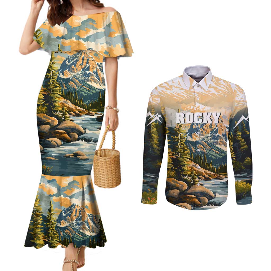 The Beauty of Rocky Mountains Couples Matching Mermaid Dress and Long Sleeve Button Shirt