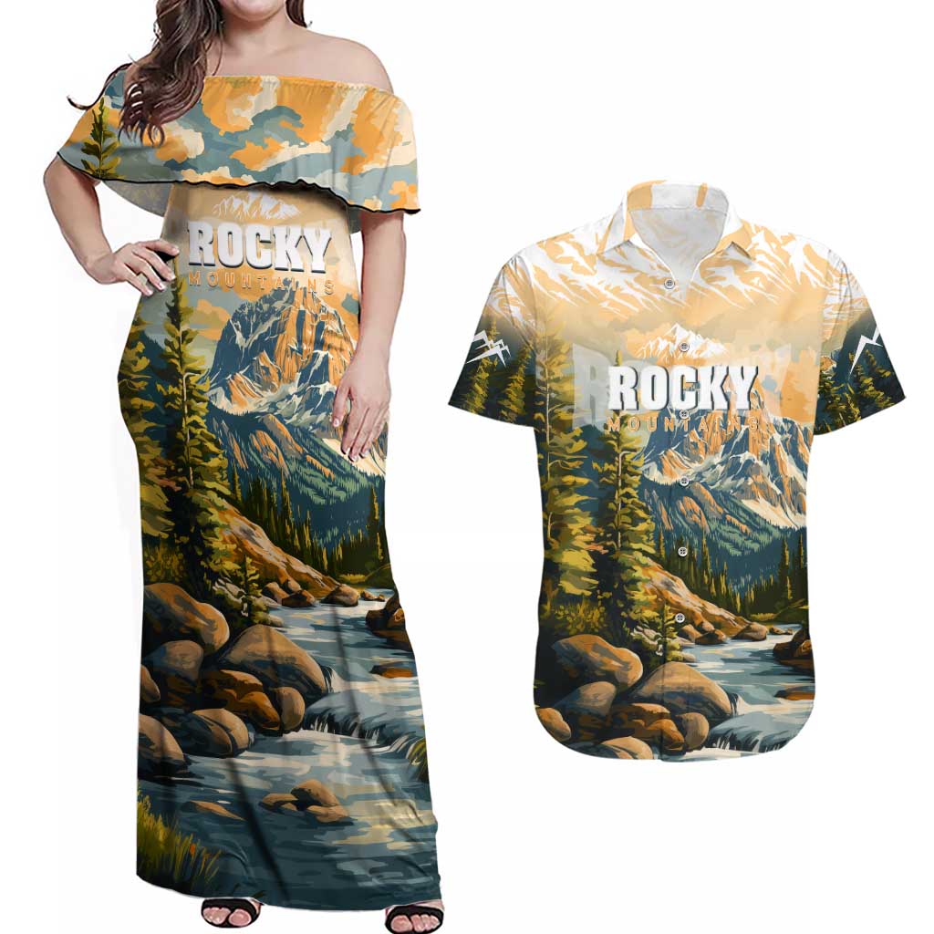 The Beauty of Rocky Mountains Couples Matching Off Shoulder Maxi Dress and Hawaiian Shirt