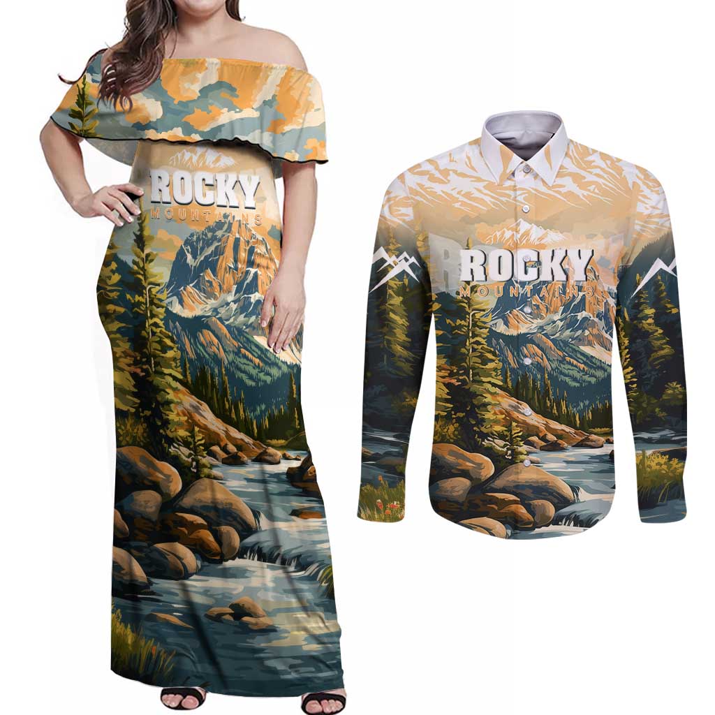 The Beauty of Rocky Mountains Couples Matching Off Shoulder Maxi Dress and Long Sleeve Button Shirt