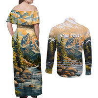 The Beauty of Rocky Mountains Couples Matching Off Shoulder Maxi Dress and Long Sleeve Button Shirt