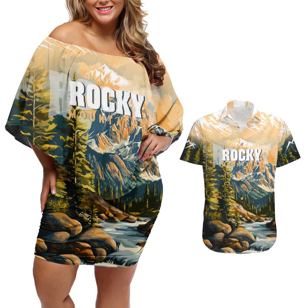 The Beauty of Rocky Mountains Couples Matching Off Shoulder Short Dress and Hawaiian Shirt