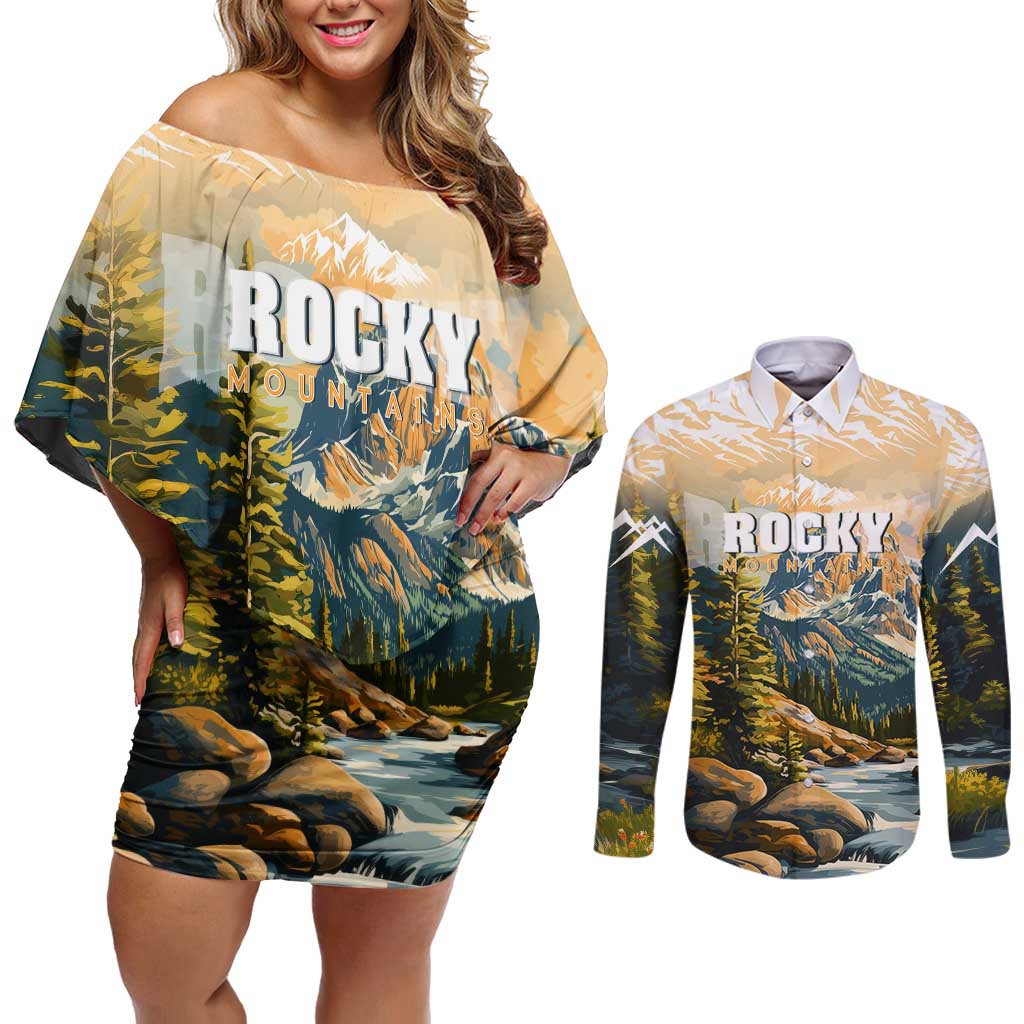 The Beauty of Rocky Mountains Couples Matching Off Shoulder Short Dress and Long Sleeve Button Shirt