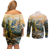 The Beauty of Rocky Mountains Couples Matching Off Shoulder Short Dress and Long Sleeve Button Shirt