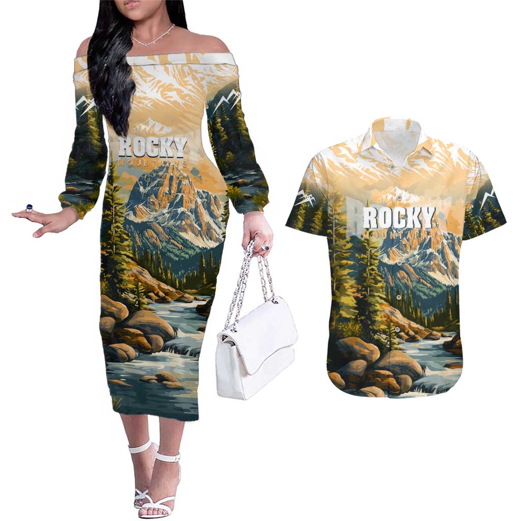 The Beauty of Rocky Mountains Couples Matching Off The Shoulder Long Sleeve Dress and Hawaiian Shirt