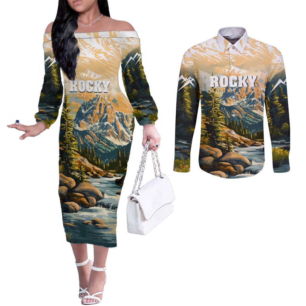 The Beauty of Rocky Mountains Couples Matching Off The Shoulder Long Sleeve Dress and Long Sleeve Button Shirt