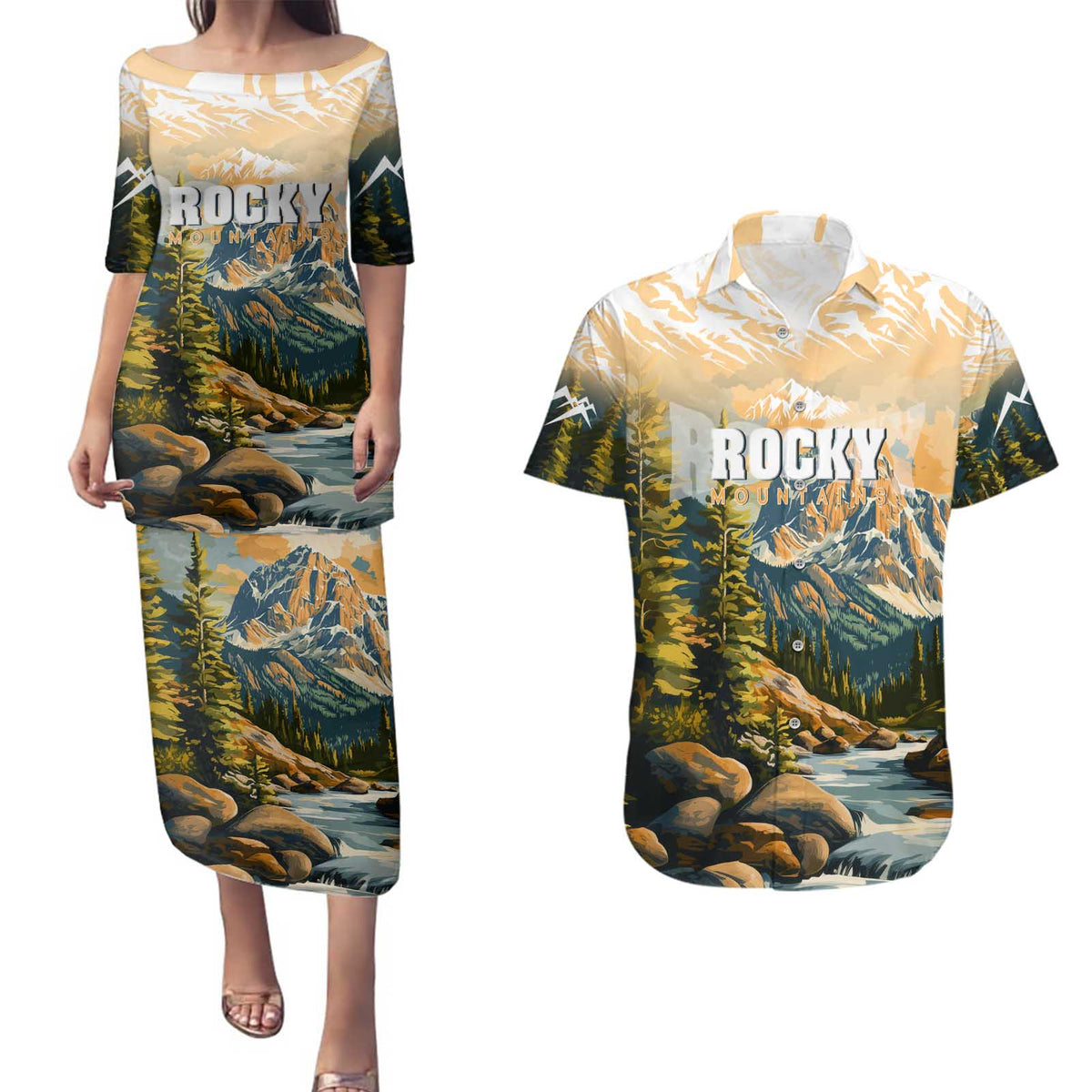 The Beauty of Rocky Mountains Couples Matching Puletasi and Hawaiian Shirt