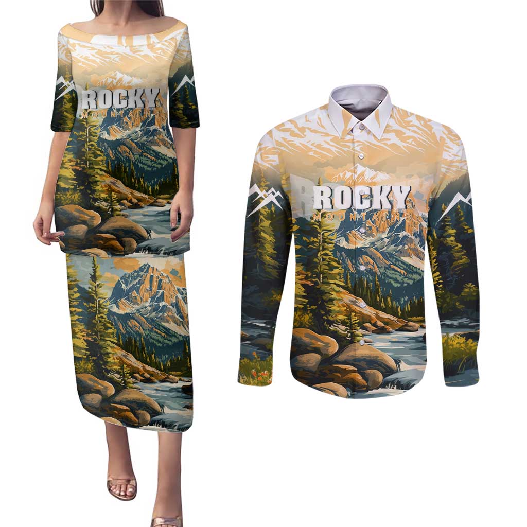 The Beauty of Rocky Mountains Couples Matching Puletasi and Long Sleeve Button Shirt