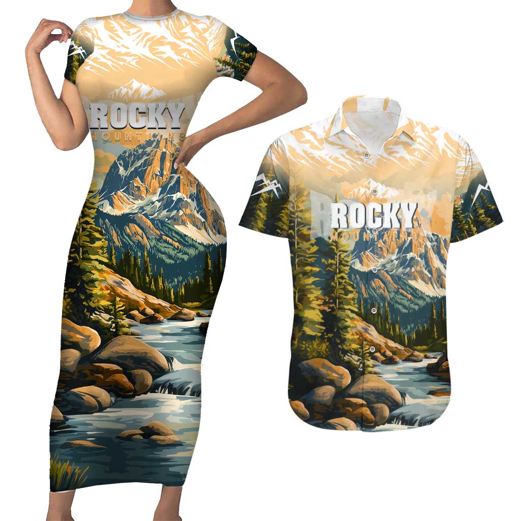 The Beauty of Rocky Mountains Couples Matching Short Sleeve Bodycon Dress and Hawaiian Shirt