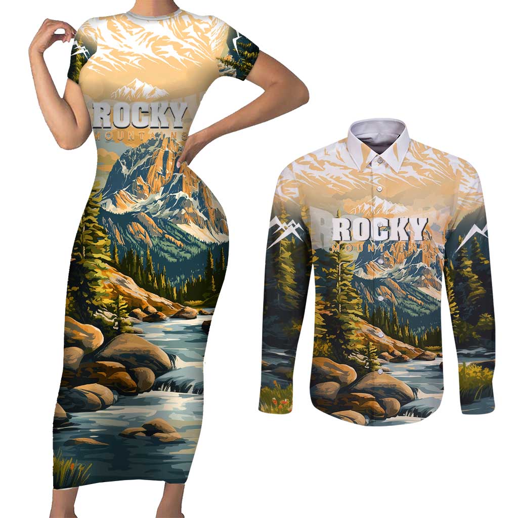 The Beauty of Rocky Mountains Couples Matching Short Sleeve Bodycon Dress and Long Sleeve Button Shirt