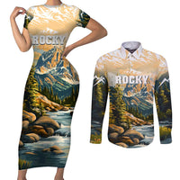The Beauty of Rocky Mountains Couples Matching Short Sleeve Bodycon Dress and Long Sleeve Button Shirt