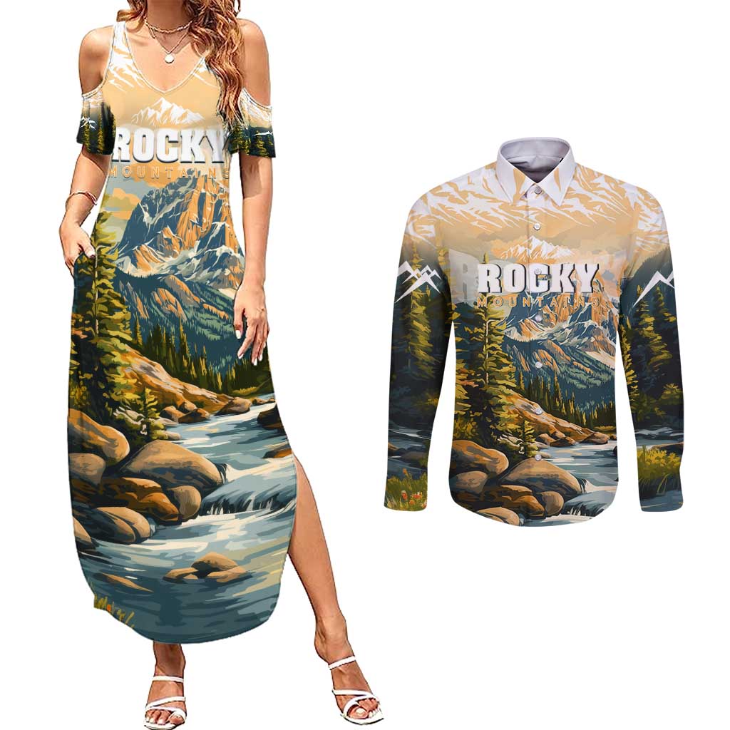 The Beauty of Rocky Mountains Couples Matching Summer Maxi Dress and Long Sleeve Button Shirt