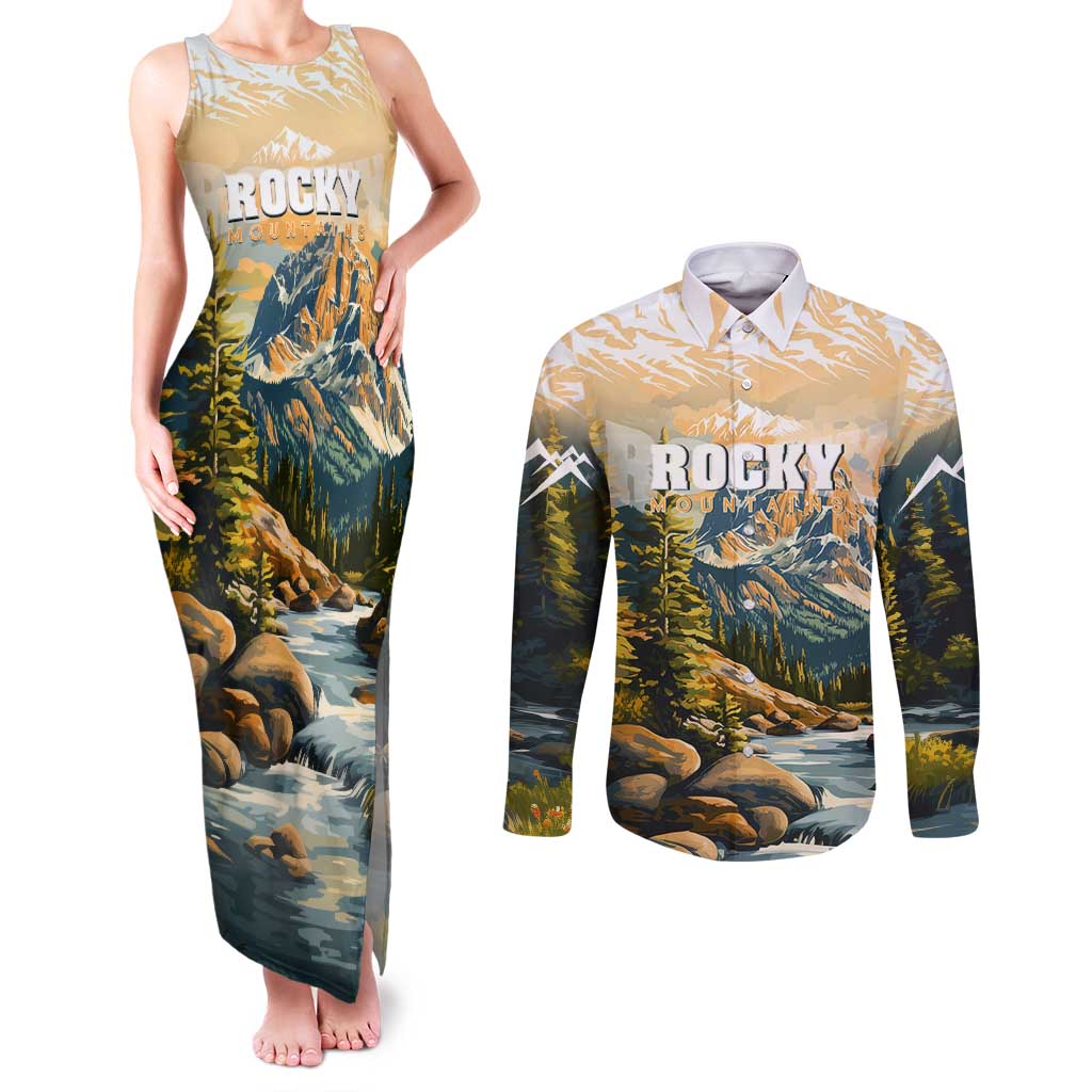 The Beauty of Rocky Mountains Couples Matching Tank Maxi Dress and Long Sleeve Button Shirt