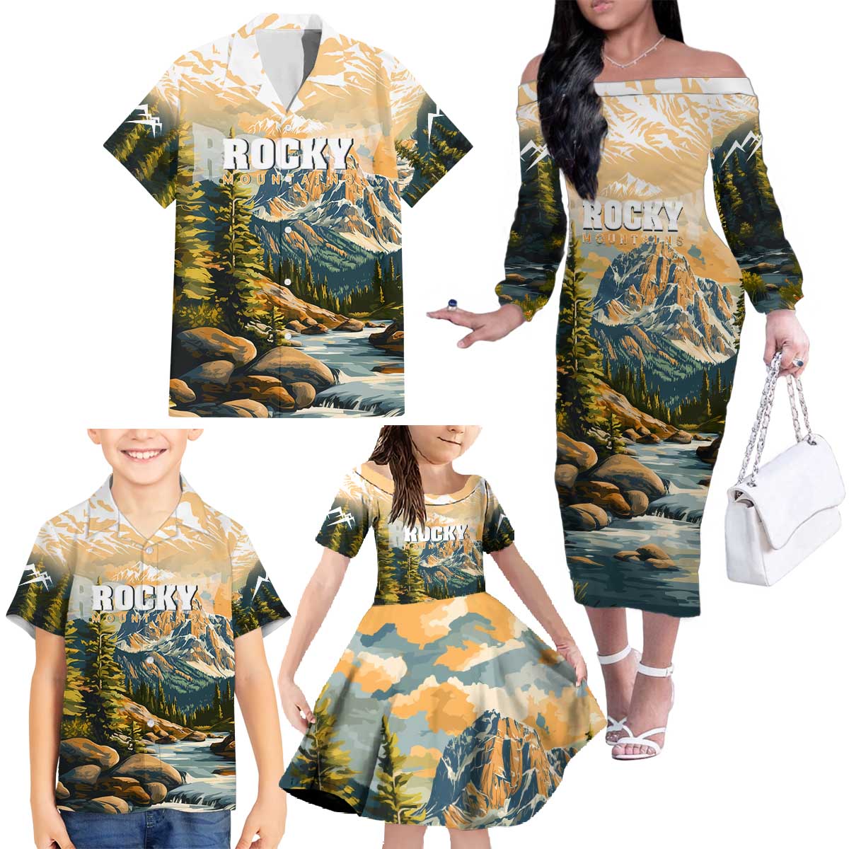 The Beauty of Rocky Mountains Family Matching Off The Shoulder Long Sleeve Dress and Hawaiian Shirt