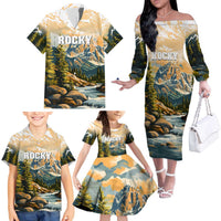 The Beauty of Rocky Mountains Family Matching Off The Shoulder Long Sleeve Dress and Hawaiian Shirt
