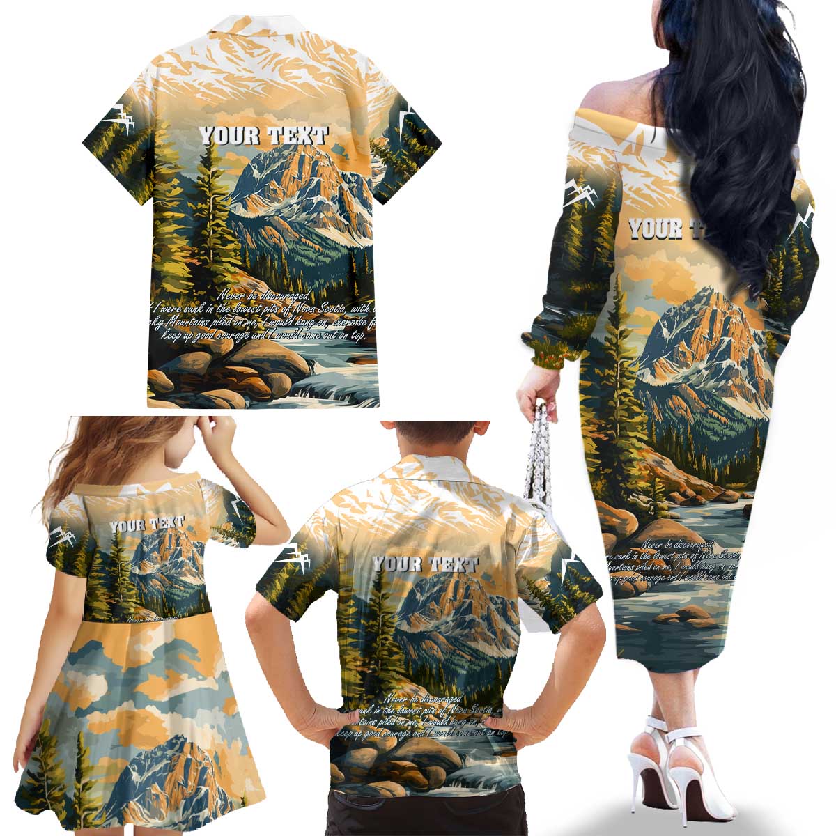 The Beauty of Rocky Mountains Family Matching Off The Shoulder Long Sleeve Dress and Hawaiian Shirt