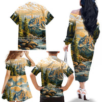 The Beauty of Rocky Mountains Family Matching Off The Shoulder Long Sleeve Dress and Hawaiian Shirt