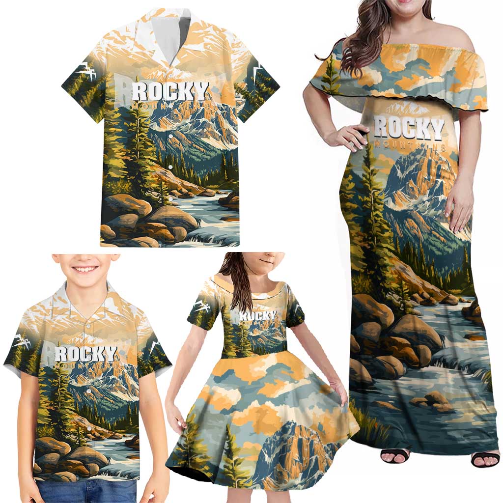 The Beauty of Rocky Mountains Family Matching Off Shoulder Maxi Dress and Hawaiian Shirt