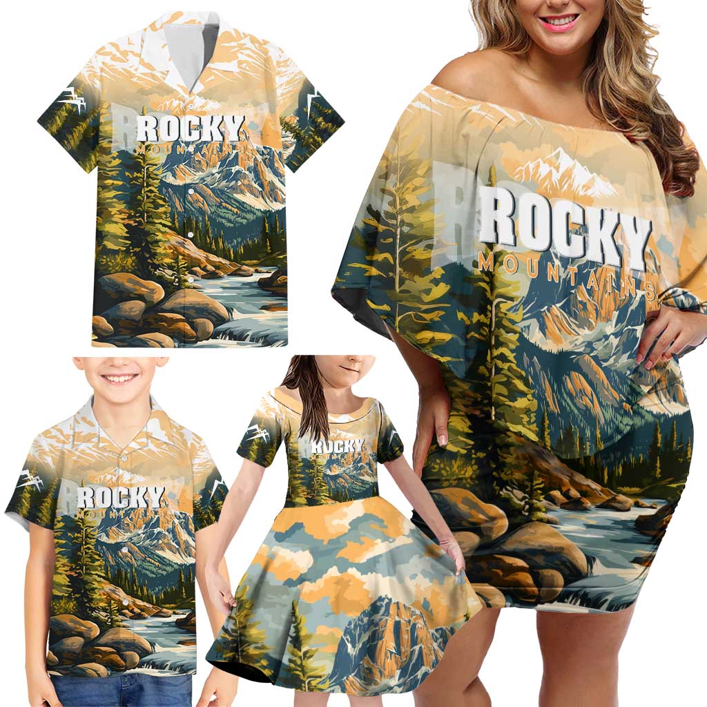 The Beauty of Rocky Mountains Family Matching Off Shoulder Short Dress and Hawaiian Shirt