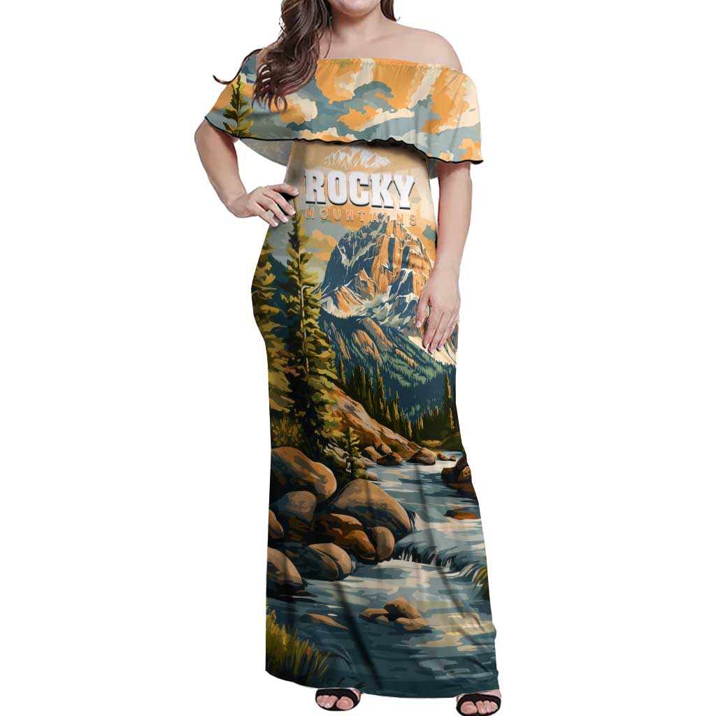 The Beauty of Rocky Mountains Off Shoulder Maxi Dress