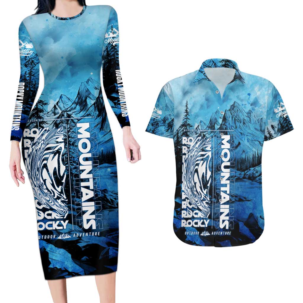 Rocky Mountains Couples Matching Long Sleeve Bodycon Dress and Hawaiian Shirt Outdoor Adventure