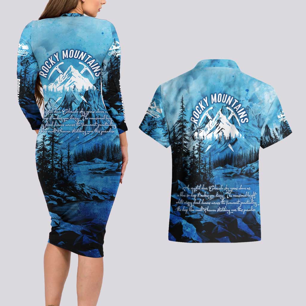 Rocky Mountains Couples Matching Long Sleeve Bodycon Dress and Hawaiian Shirt Outdoor Adventure